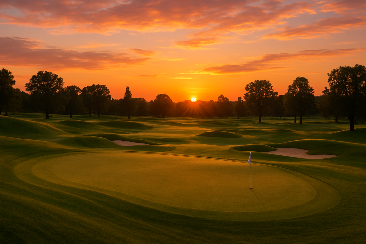 un campo de golf al atardecer